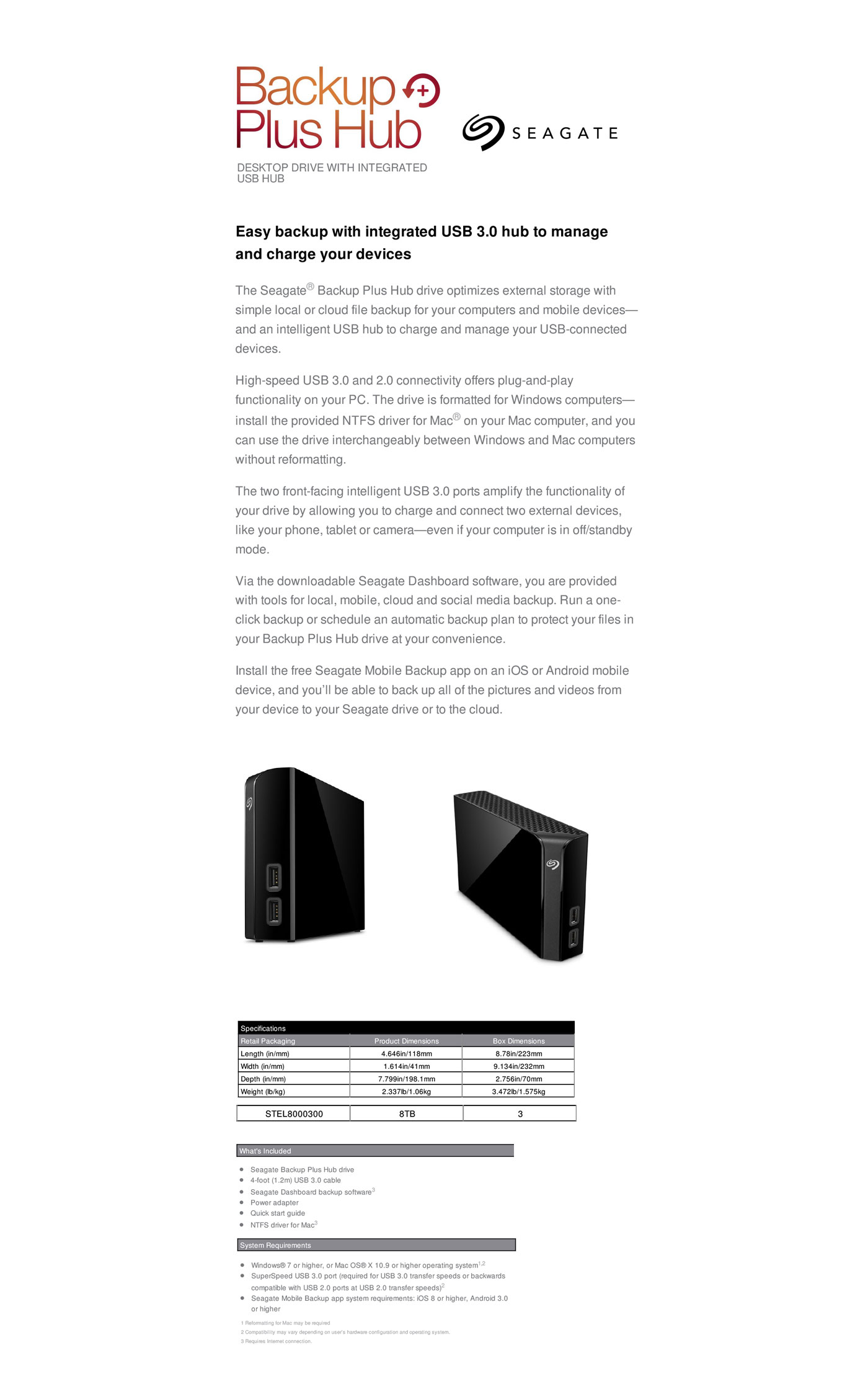 Seagate 8TB Backup Plus Hub Desktop Drive features