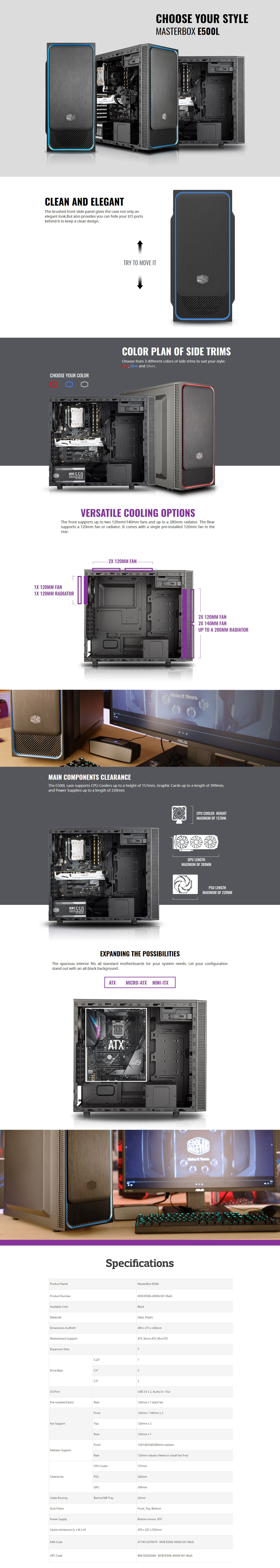  Buy Online Cooler Master MasterBox E500L Mid Tower Case - Red (MCB-E500L-KN5N-S01)
