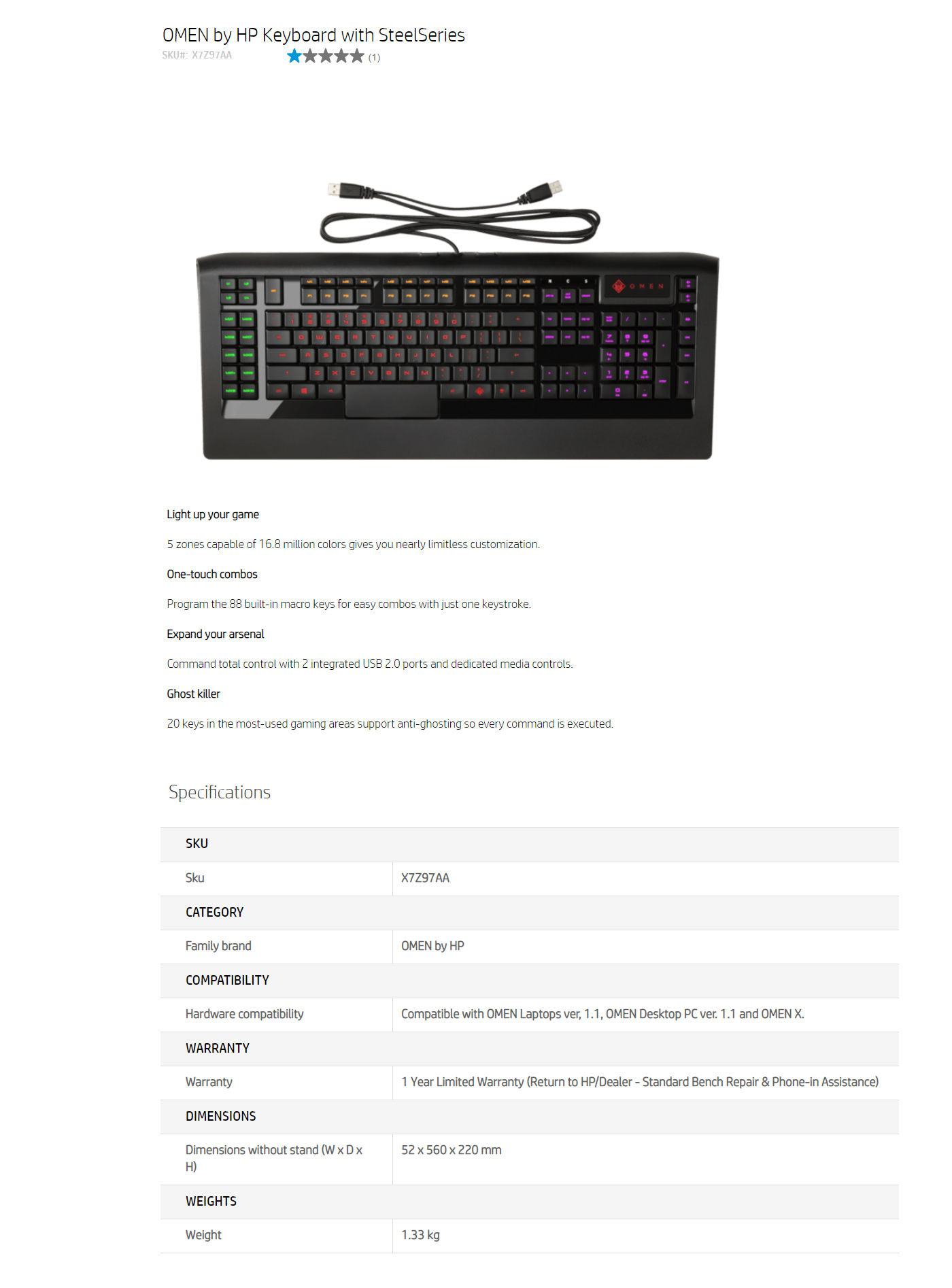  Buy Online HP Omen SS Gaming Keyboard US (X7Z97AA)